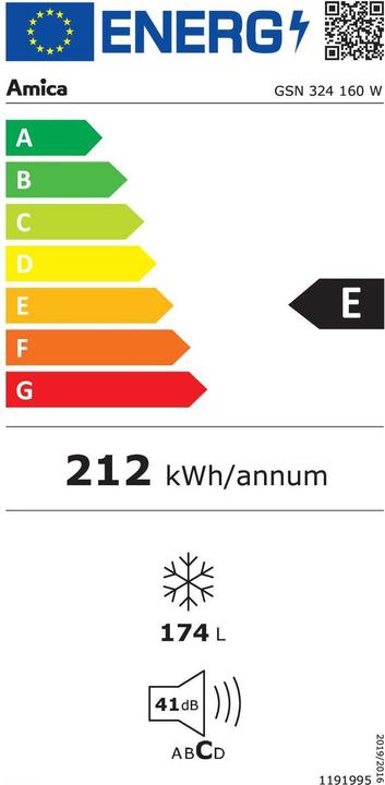 Energie-Label Amica Amic GefSch GSN 324 160 W, 55cm, wh 145cm hoch, noFrost, EEK E (Freistehend, 174 l)
