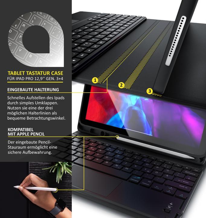 Produktbild Aplic Bluetooth Tablet Tastatur für iPad Pro 12,9 Zoll Gen 3 + 4, 280 mAh Akku, Keyboard mit Case (DE)