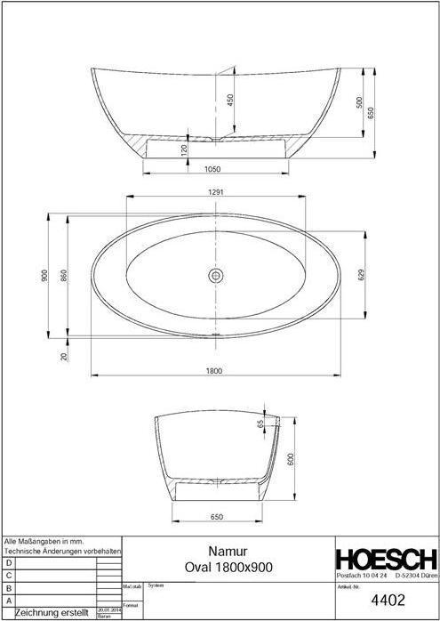Image du produit Hoesch Baignoire NAMUR 1800x900x450mm pose libre blanc (350 l, 180 cm, 90 cm)