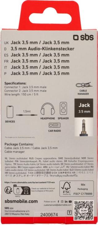 Energy Label SBS Audio stereo cable, 3,5mm jack made for mobile and smartphones (1.50 m, 3.5mm jack (AUX))