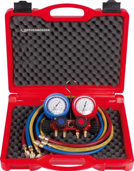Immagine prodotto Rothenberger Set di manometri analogici a 4 vie, inclusi i tubi con valvola a sfera per R410A e R32.