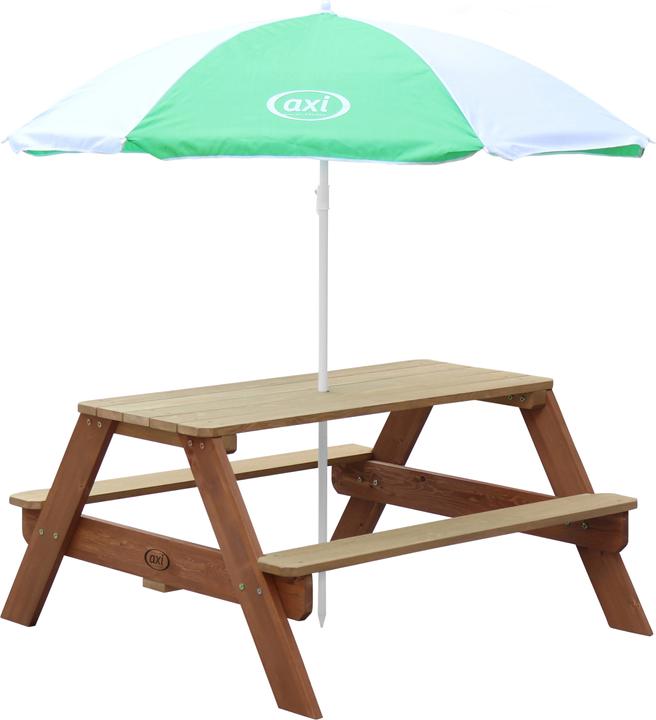 Axi Nick Picknicktisch Braun - Sonnenschirm Grün/weiss