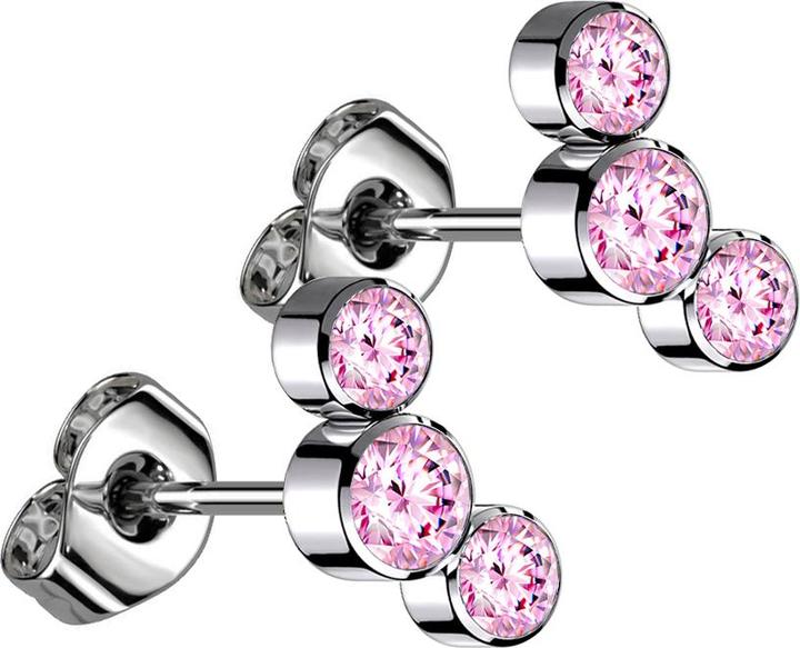 Star Piercing Threadless Ohrstecker silber drei Kristalle pink (ohne Messing, Titan G23)