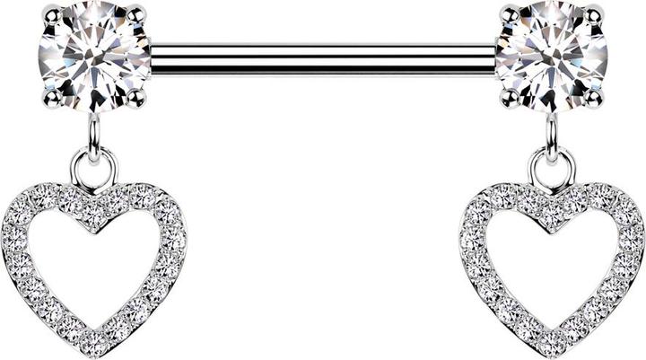 Star Piercing Barbell silber mit zwei Kristall silber gefasst Anhänger Herz Kristalle silber (Messing, Chirurgenstahl 316L)