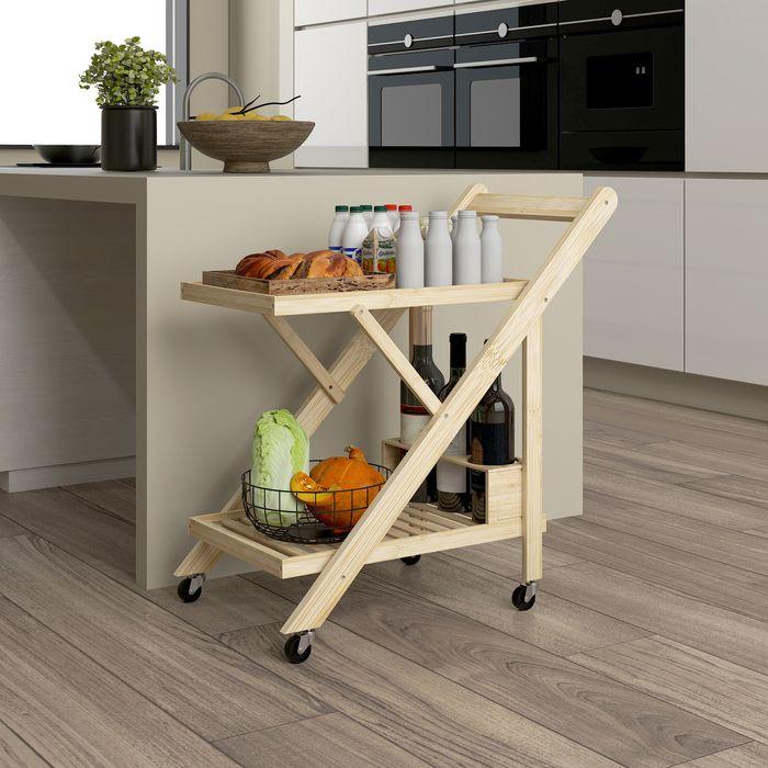 Image du produit Swisshandel24 Küchenwagen Servierwagen mit Arbeitsplatte, 2 Ebenen, Weinregal, für Büro Natur