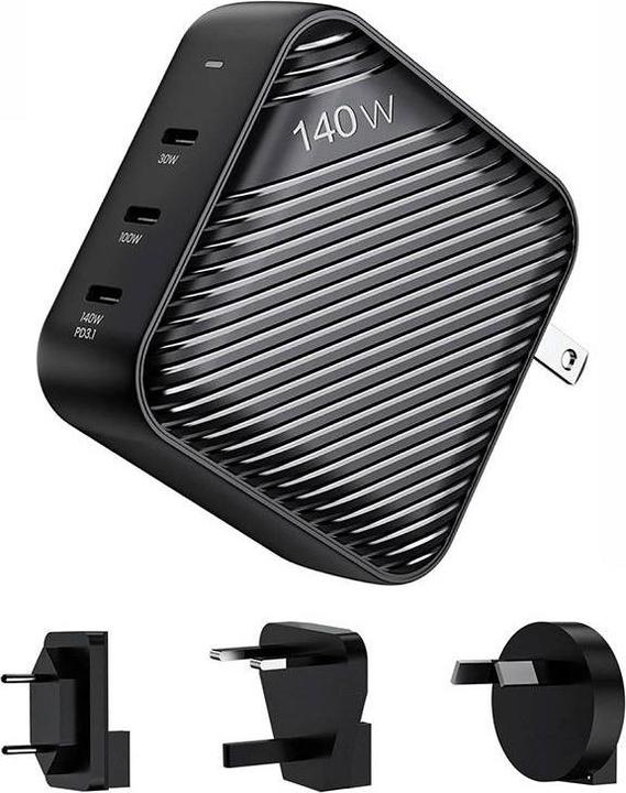 Invzi Wall charger GanHub 3x USB-C, 140W, EU/UK/AU/US (black) (140 W)