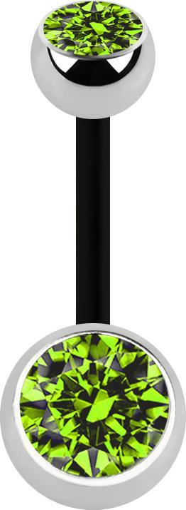 Star Piercing Banane schwarz mit zwei Kugeln silber Kristall hellgrün (ohne Messing, Chirurgenstahl 316L, Bioflex)
