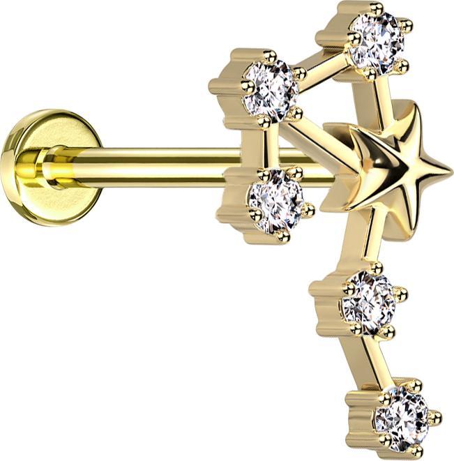 Star Piercing Micro Labret Innengewinde vergoldet Sternzeichen Waage mit Kristallen (Chirurgenstahl 316L, Messing)