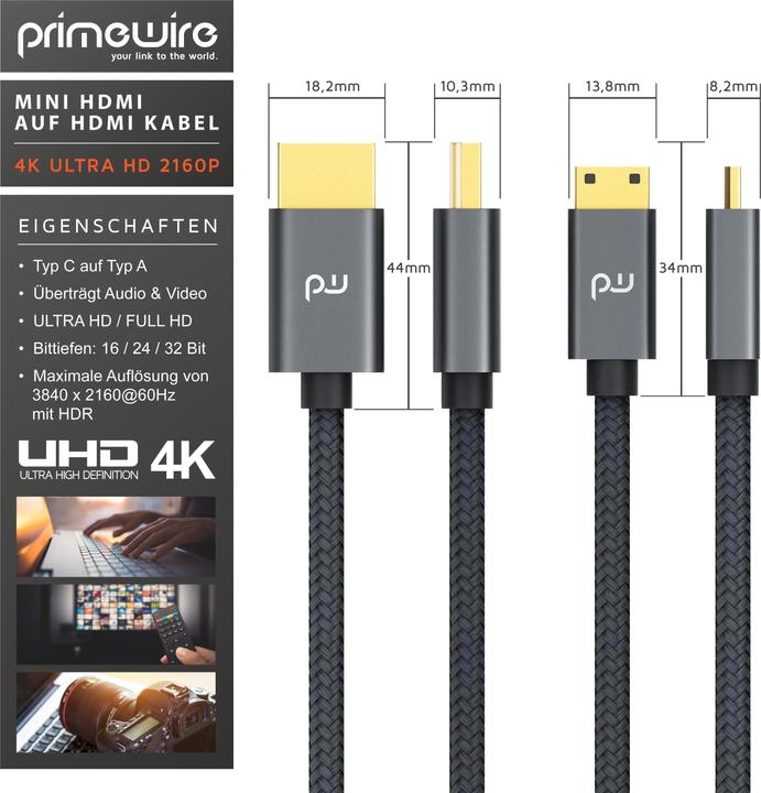 Produktbild Primewire Mini HDMI auf HDMI Kabel, Typ C auf Typ A, 4K miniHDMI Adapterkabel 3840 x 2160 @ 60 Hz, HDR, ARC (1.50 m, HDMI)