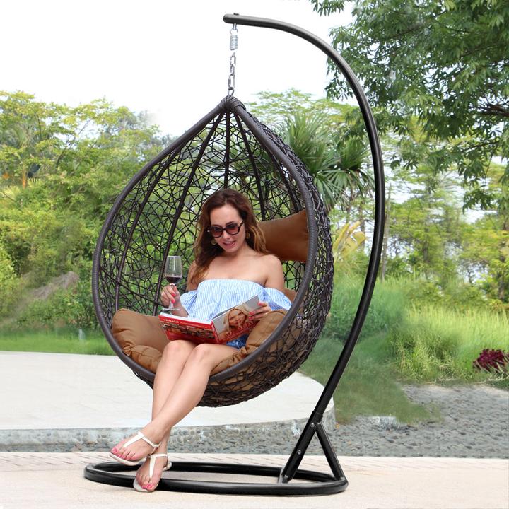 Image du produit PureHaven Chaise suspendue 115x120x202 cm rotin-plastique tressé élégamment moulé avec coussin imperméable (120 kg)