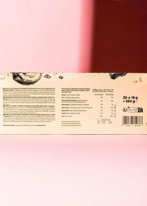 Valori nutrizionali e ingredienti KoRo Barretta di gelato integrale marrone ricoperta di cioccolato bianco al gusto di cocco (360 g)
