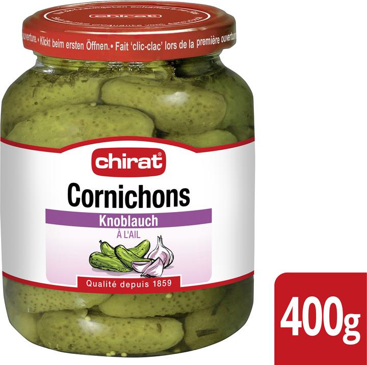 Produktbild Chirat Essig Cornichons Knoblauch, Essiggemüse ideal für Raclette, Fondue, Apéro, kalte Platten und Snack (450 g)