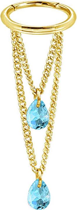 Star Piercing Micro Segmentring klappbar vergoldet Anhänger waagerecht zwei Ketten zwei Ovale Kristalle aqua (Chirurgenstahl 316L)