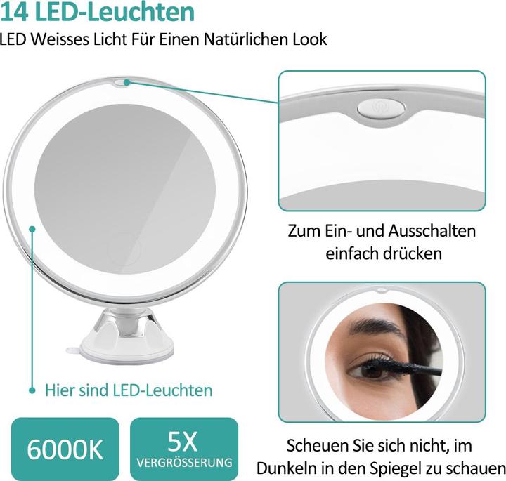 Actual product image Emke Illuminated Cosmetic Mirror With 5x Magnification, Strong Suction Cup, Glare-Free Led Light, 175mm