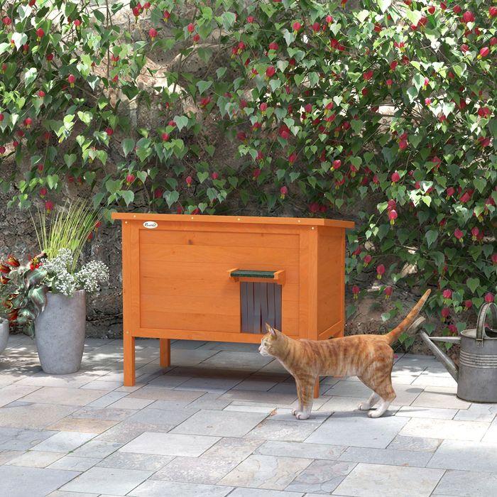 Actual product image Swisshandel24 Wooden cat house, outdoor cat cave, insulated cat hut with door curtain, small animal house in the (Cat)