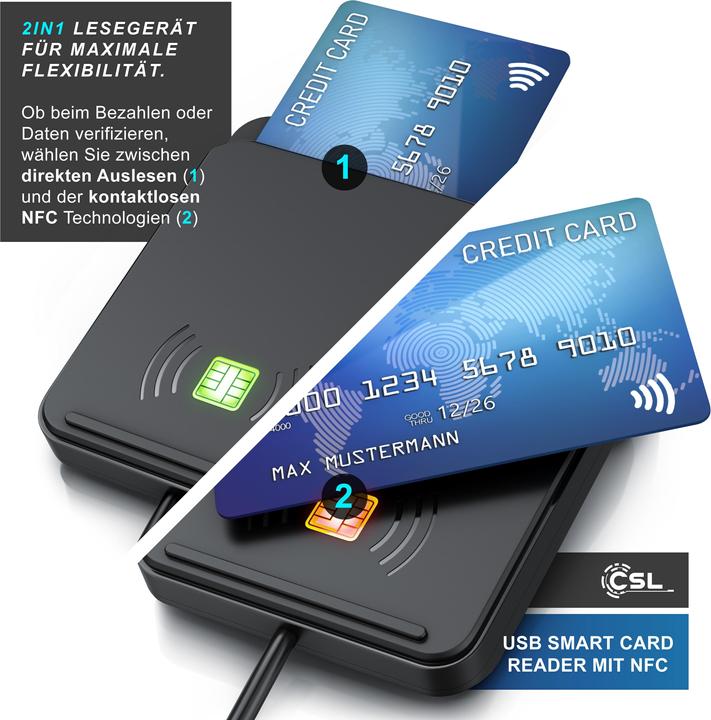 Immagine prodotto CSL Lettore di smart card USB, NFC, ISO 7816/14443, compatibile con Mac OS X e Windows 11, per carte (USB)