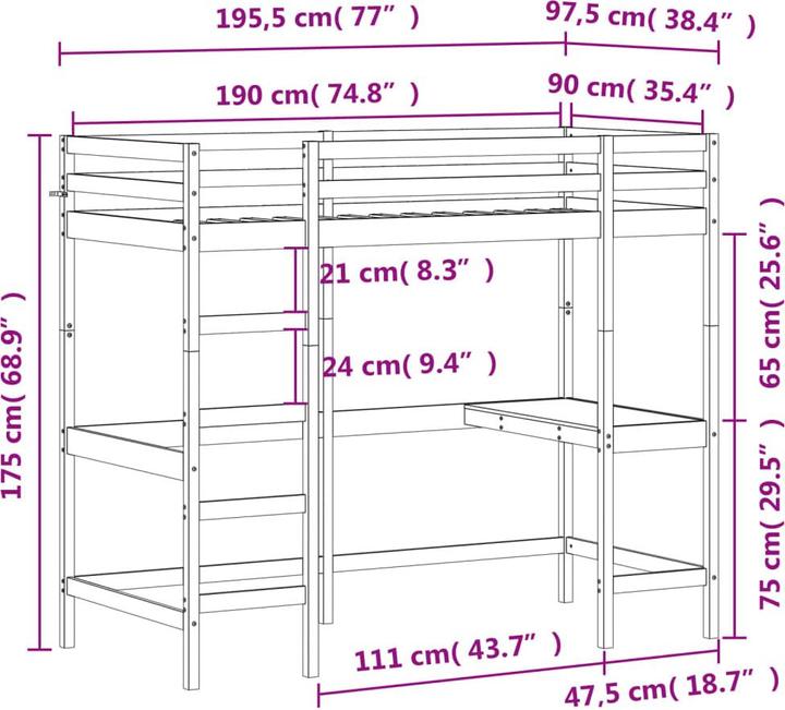 Image du produit VidaXL Lit superposé avec bureau (90 x 190 cm)