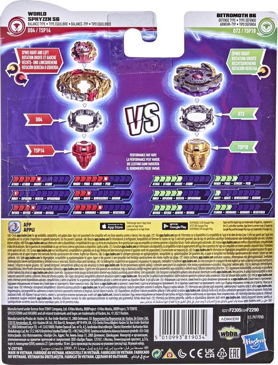 Produktbild Hasbro Beyblade Burst Surge Speedstorm World Spryzen S6 und Betromoth B6 (Deutsch, Französisch, Italienisch, Englisch, Spanisch, Polnisch, Russisch, Niederländisch, Türkisch, Ungarisch, Tschechisch, Griechisch, Bulgarisch, Ukrainisch, Kroatisch, Slowakisch)