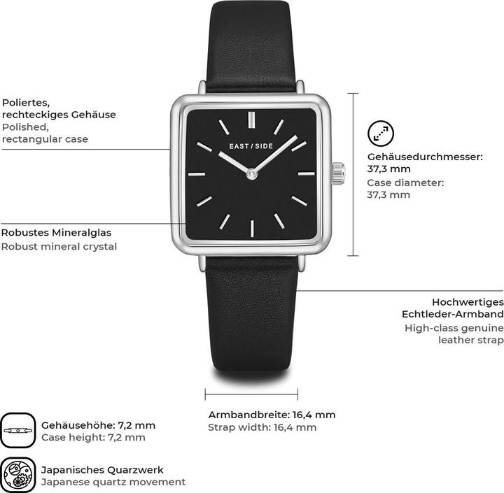 Produktbild Eastside Damen Quarzuhr Grand Echtleder schwarz - 11254 (Analoguhr, 37.30 mm)