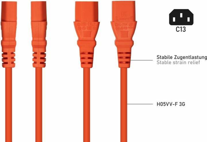 Produktbild Kabelmeister Netzkabel Schutzkontakt-Stecker Typ E+F (90° gew.) an Kaltgeräte-Buchse C13, orange, 1 (10 m)