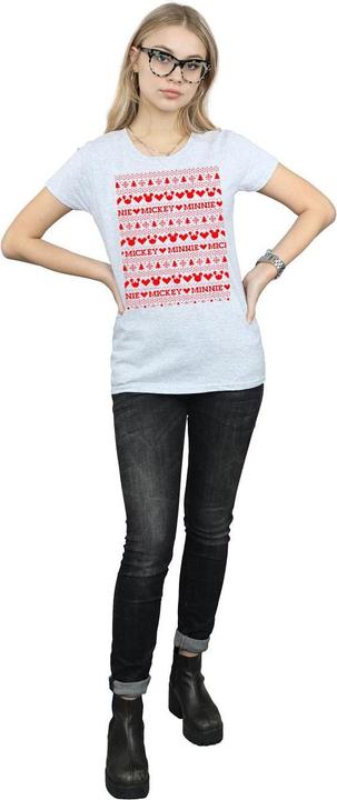 Actual product image Disney Womens/Ladies Mickey And Minnie Christmas Fair Isle Cotton T-Shirt (M)