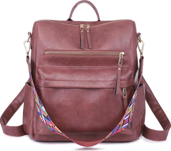 Actual product image Only-Bags.Store Retro Backpack Handbag, Boho Strap Two-Way Shoulder Bag, Fashion Vegan Leather Schoolbag Daypack
