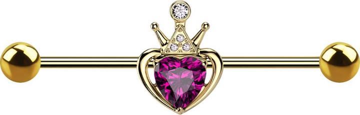 Actual product image Star Piercing Barbell vergoldet mit zwei Kugeln Herzkrone Kristall rosa (Surgical steel 316L, Brass)