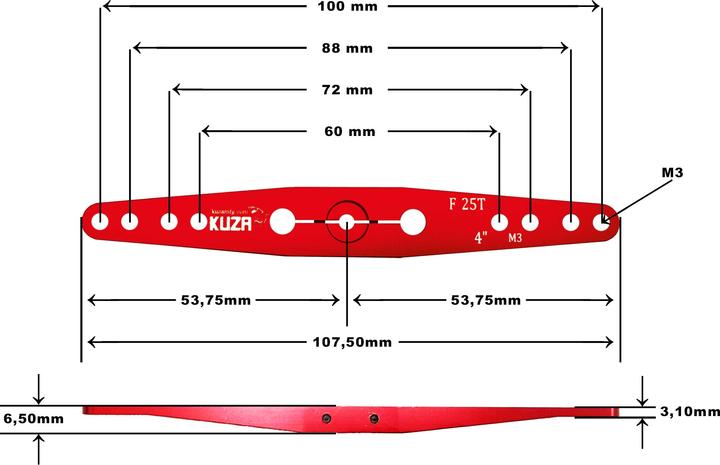 Actual product image Kuza Servo arm 2-arm Futaba 25T 100/88/72/ 60mm 4" M3 Heavy Duty V2 Aluminium