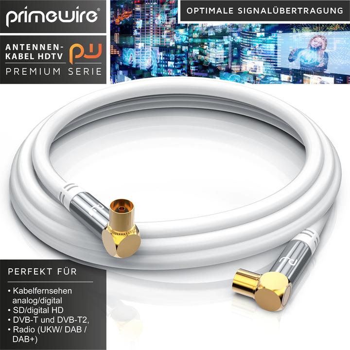 Actual product image Primewire Antenna Cable 90° Angled | HDTV Premium Coaxial Cable 135dB / 75 Ohm | FullHD / 4k Ultra HD (85 dB, Antenna cable)