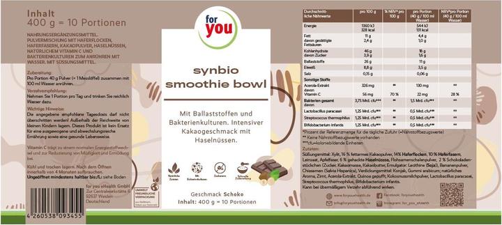 Nährwerte und Zutaten For You smoothie bowl schoko (10 Stück, Pulver, 400 g)