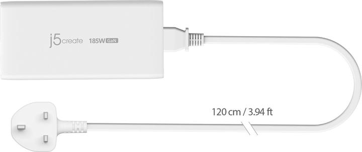 Actual product image j5Create JUP37185W 185W GaN PD 3.1 USB-C® 3-Port Charger-UK, Black, Indoor, AC, 20 V, White (185 W)