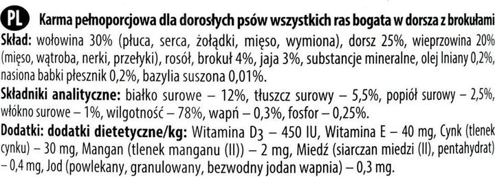 Valori nutrizionali e ingredienti Dolina noteci Premium Ricco di Merluzzo e Broccoli - Cibo umido per cani - 800 g (Adulto, 1 pz., 800 g)