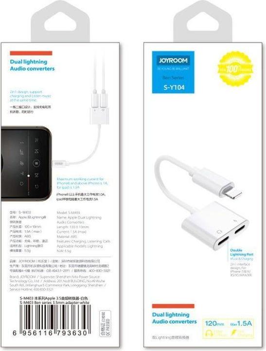 Image du produit Joyroom Adaptateur pour casque d'écoute (Lightning, 2 x Lightning)