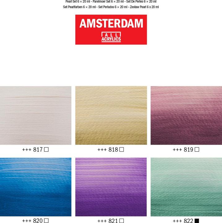 Actual product image Talens Amsterdam Starter Set 17820506 Pearl shades 6x20ml (Pearl white, Pearl yellow, Pearl red, Pearl green, Pearl blue, Pearl violet, 120 ml)