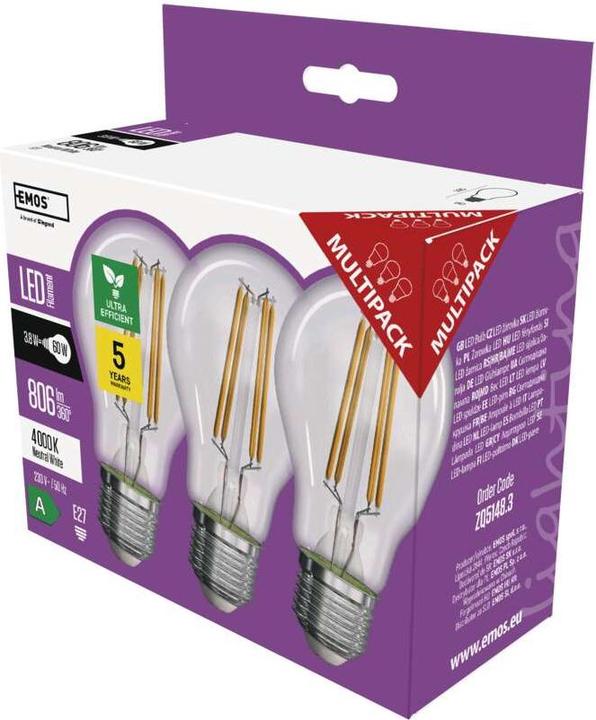 Actual product image Emos LED????rovka A60/E27/3,/60W/806lm/neutr??ln?? b??l??,3ks (E27, 3.80 W, 806 lm, 3 x, A)
