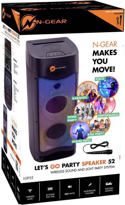 Produktbild N-Gear Let’s go Party Bluetooth Lautsprecher, Soundsystem mit Karaoke Mikrofon, Disco-LEDs (4 h, Netzbetrieb)