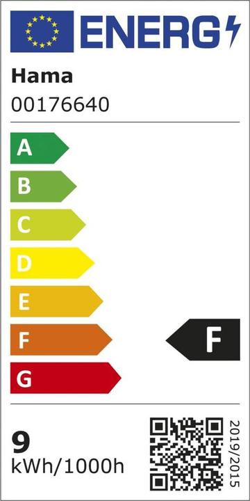 Energy Label Hama Smart WLAN LED lamp, E27, Matter, 9W, RGBW, for voice/app control (E27, 9 W, 806 lm, 1 x, F)