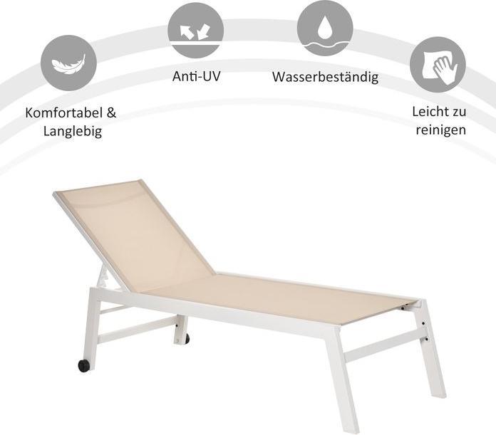 Actual product image Swisshandel24 Sun lounger, garden lounger, 5-stage backrest, aluminium, cream white, 169 x 65 x 102 cm (169 cm)