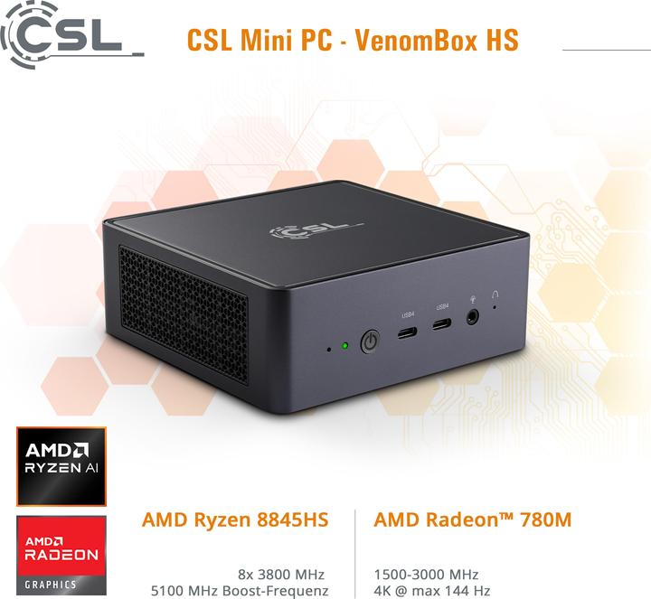 Produktbild CSL Mini-PC VenomBox 8845HS (AMD Ryzen 7 8845HS, 96 GB, 2000 GB, Radeon 780M)