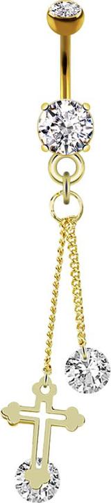 Image du produit Star Piercing Banane 14k plaqué or avec deux boules de cristal pendentif argent croix et chaîne avec cristal (sans laiton, Acier chirurgical 316L)