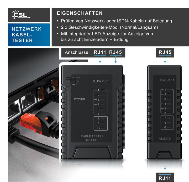 Image du produit CSL Testeur de câbles réseau pour câbles RJ45 RJ11 - Patchkabel Leitungstester - LAN Network Cable