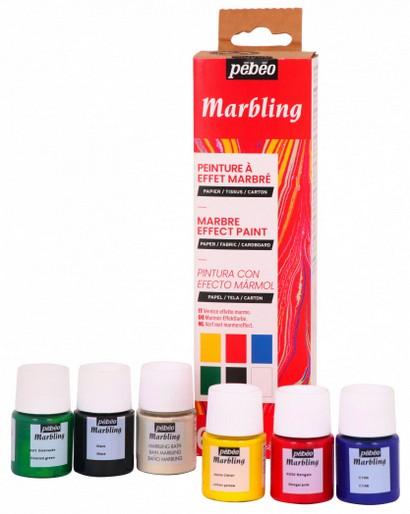 Actual product image Pebeo Set Initiation Marbling 6 Assorted Bottles (Emerald, Lemon, Black, Cyan, Bengal pink, marble bath 18 g, 20 ml)
