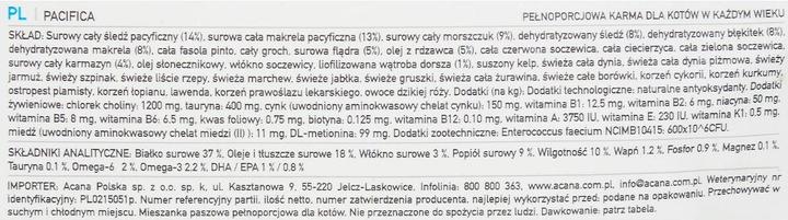 Nährwerte und Zutaten Acana Pacifica Cat dry cat food 1.8kg (Adult, 1 Stk., 1800 g)