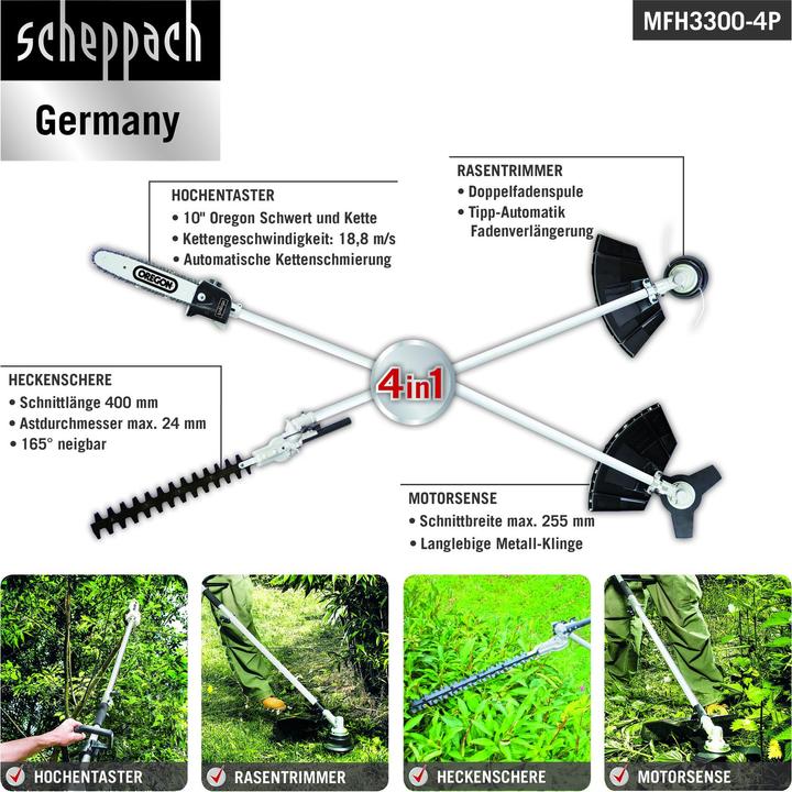 Produktbild Scheppach 4in1 Multigartengerät MFH3300-4P 1.22PS (Trimmfaden, Metallschneideblatt)