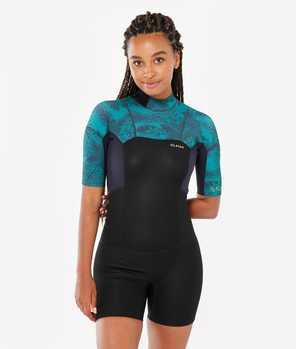 Olaian Neopren Shorty Surfen Damen kurzarm Rückenreissverschluss 500 1,5 Mirage schwarz (1 mm, L)