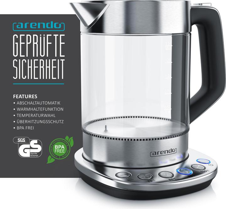 Immagine prodotto Arendo Bollitore da 1,5 l, 2200 W, acciaio inox e vetro con stazione base, impostazione temperatura 70° C (1.50 l)