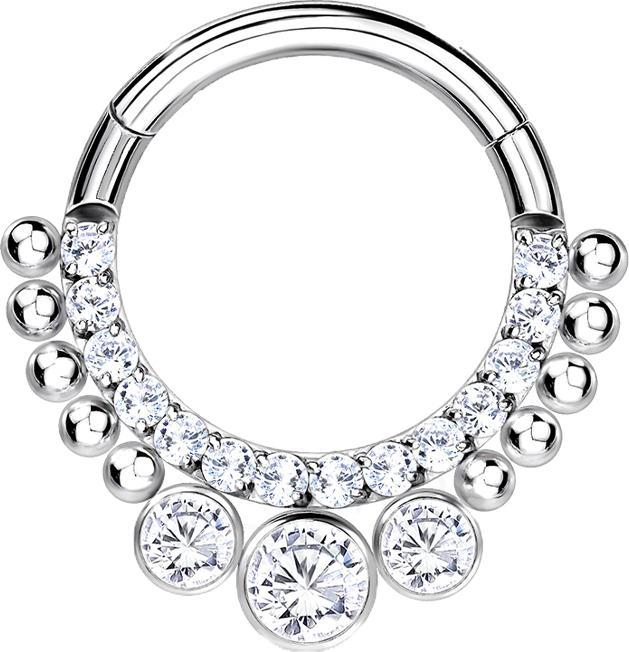 Star Piercing Micro Segmentring klappbar silber front Kristalle mit Kugeln und drei grosse Kristallen (Titan G23)
