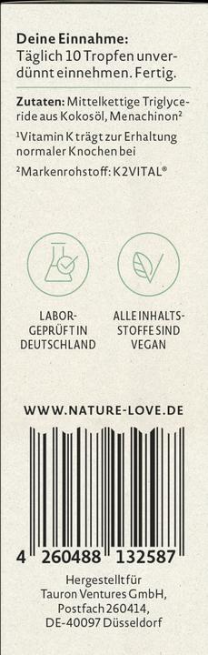 Valeurs nutritives et ingrédients Nature Love Vitamine K2 (1 pièce(s), Gouttes, 10.50 g)