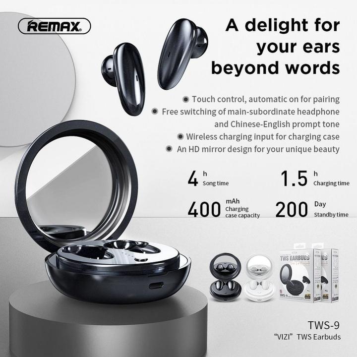 Immagine prodotto Remax Wireless headphones wireless stereo earbuds TWS-9 with docking station and mirror white (4 h, Senza fili)