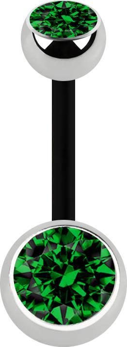 Produktbild Star Piercing Banane schwarz mit zwei Kugeln silber Kristall grün (Bioflex, ohne Messing, Chirurgenstahl 316L)